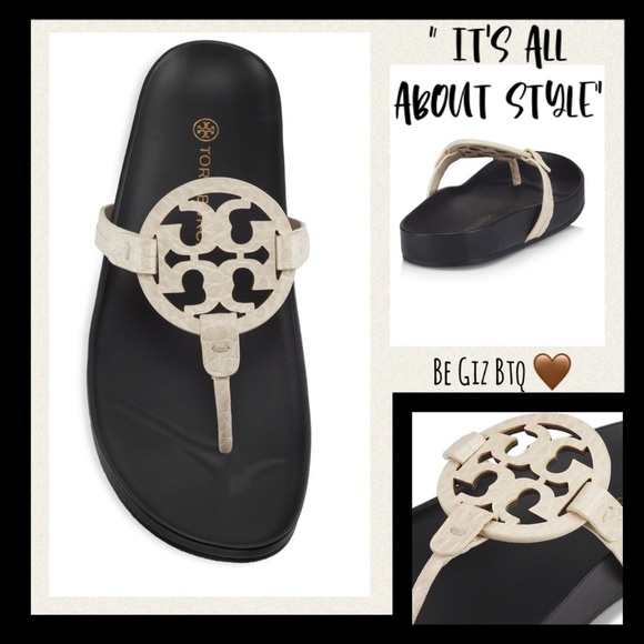 🆕Tory Burch Authentic Leather Miller Cloud Leather Thong Slides Navy/Cream 8 M - Picture 2 of 12